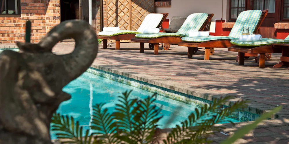 Swimming pool with lounge chairs and a decorative elephant statue in the foreground