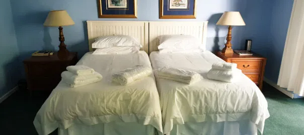 Two neatly made twin beds in a bluewalled bedroom with wooden nightstands