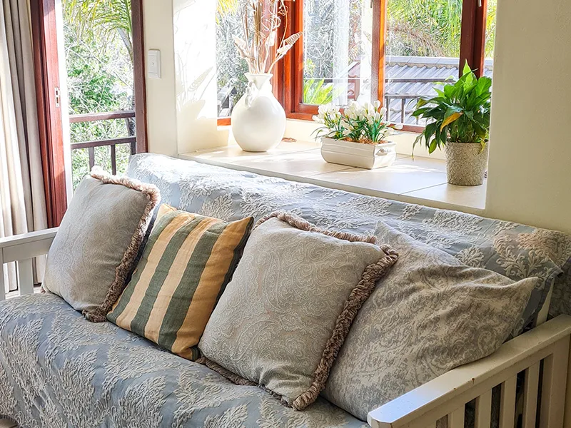 Daybed with patterned cushions in a sunny room with plants and a window