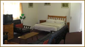 Cozy bedroom with bed sofa TV and fan featuring warm lighting