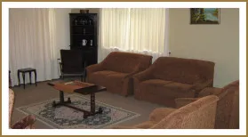 Brown sofas and a wooden table in a living room with curtains and a rug