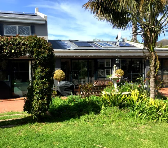 Modern house with garden palm tree and patio furniture in sunny weather