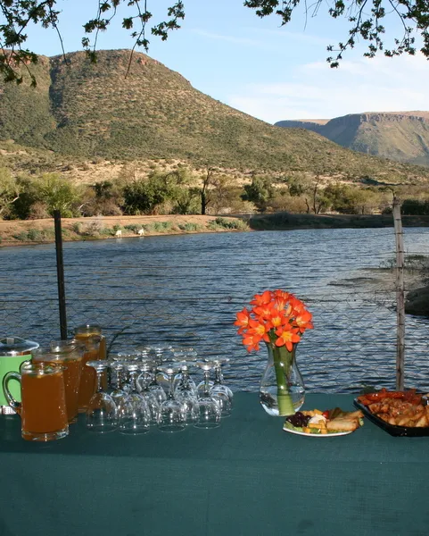 Table with drinks food and flowers by a lake with mountains in background