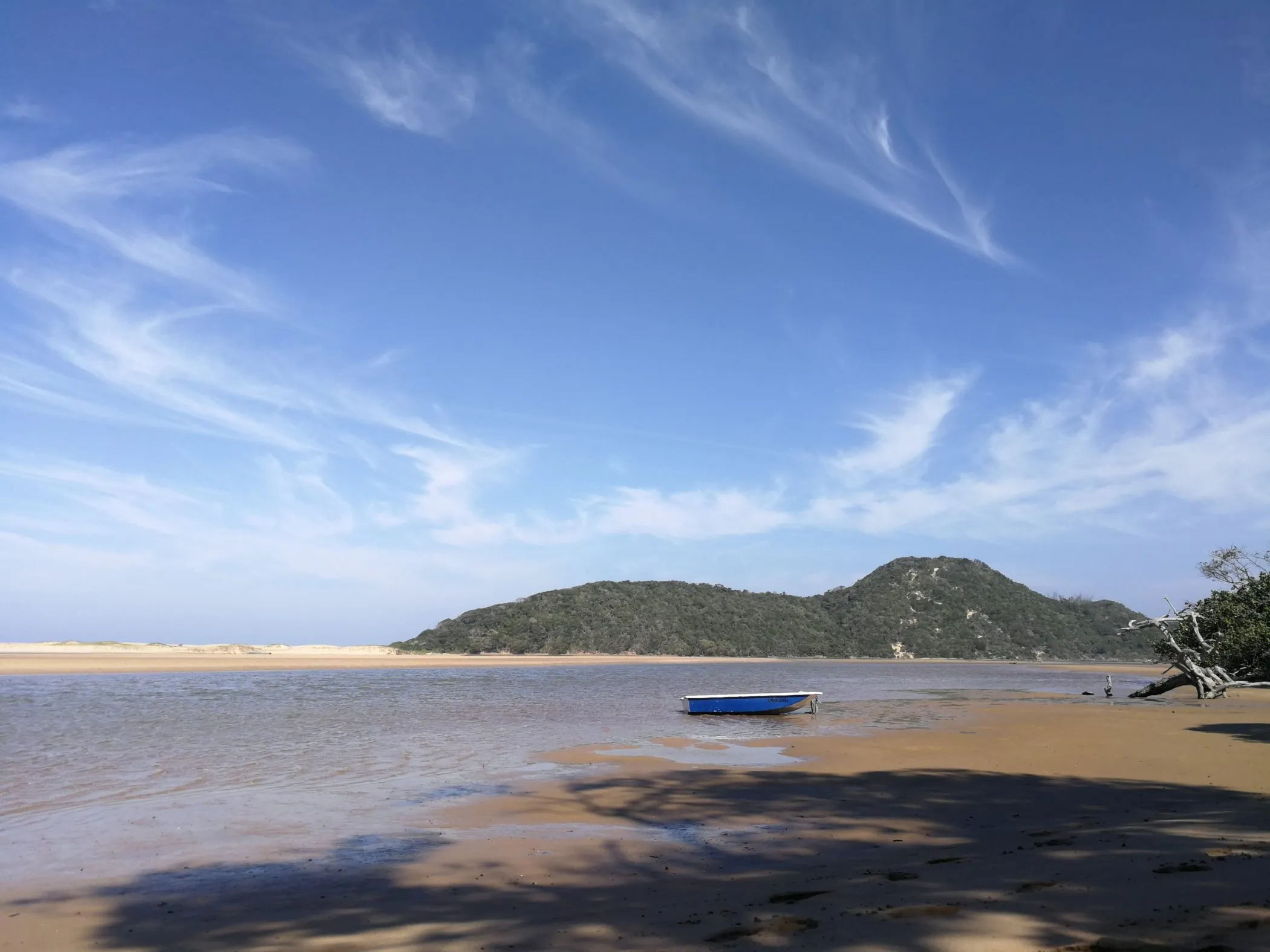 Blue boat on a sandy beach with a forested hill in the background