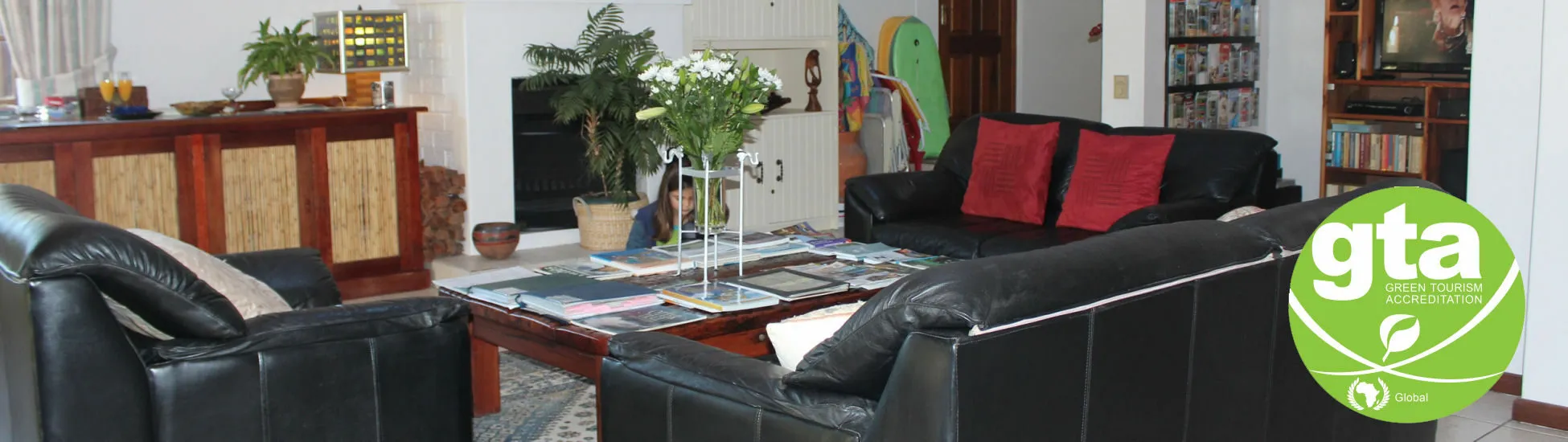 Cozy living room with black leather furniture plants and a TV
