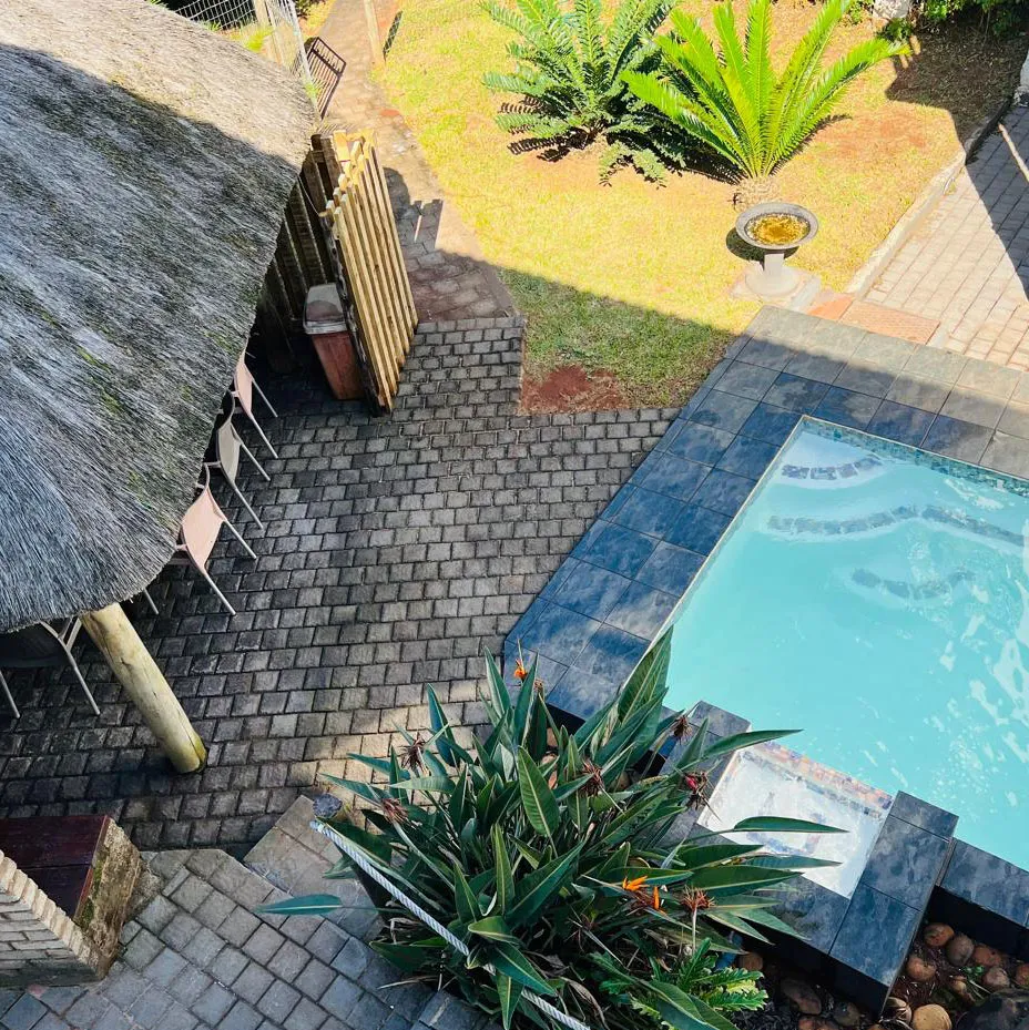 Outdoor patio with pool plants and thatched roof seating area