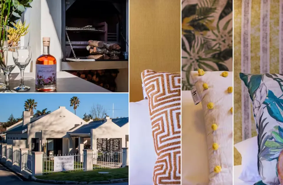 Collage of a house fireplace and decorative pillows with plants in the background