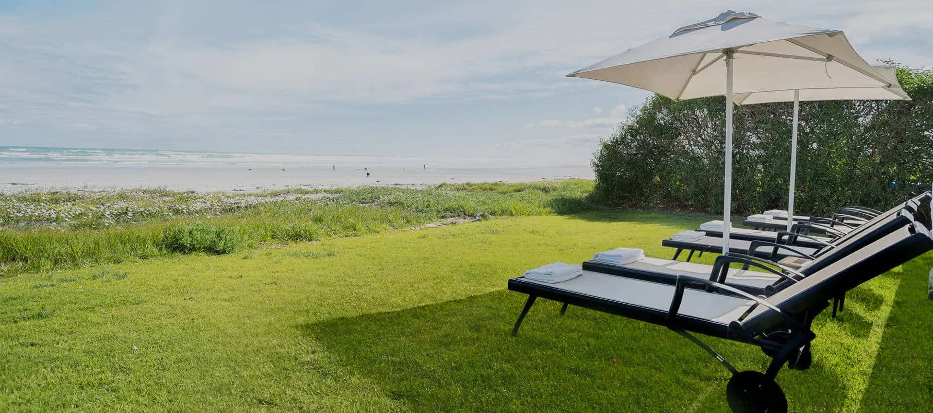 Beachfront lounge chairs with umbrellas on a grassy area near the ocean