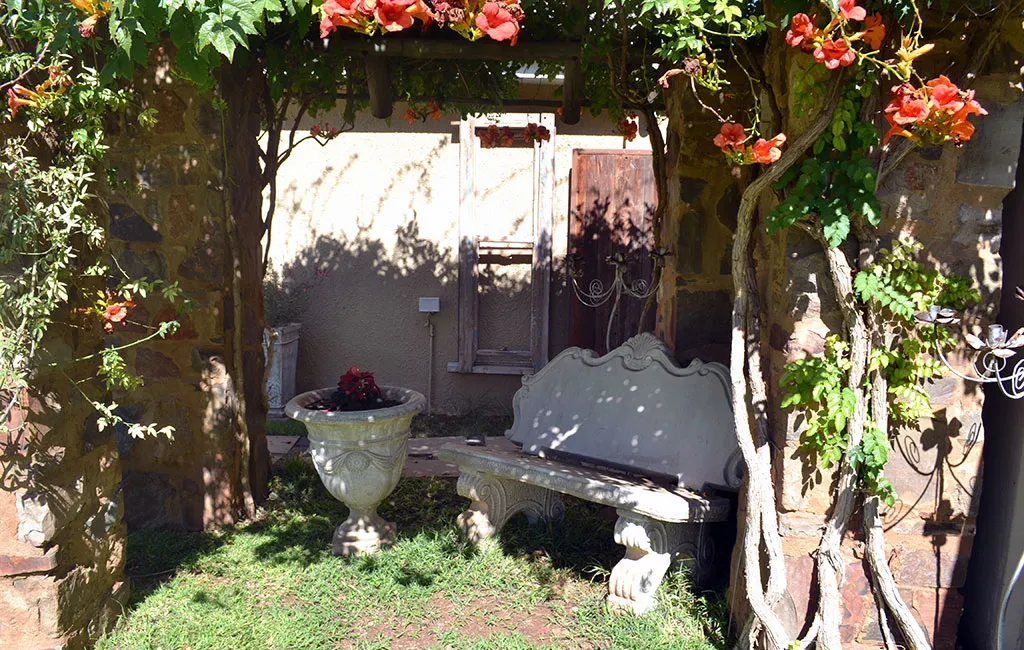 Stone bench in a garden with flowering vines and a large white planter