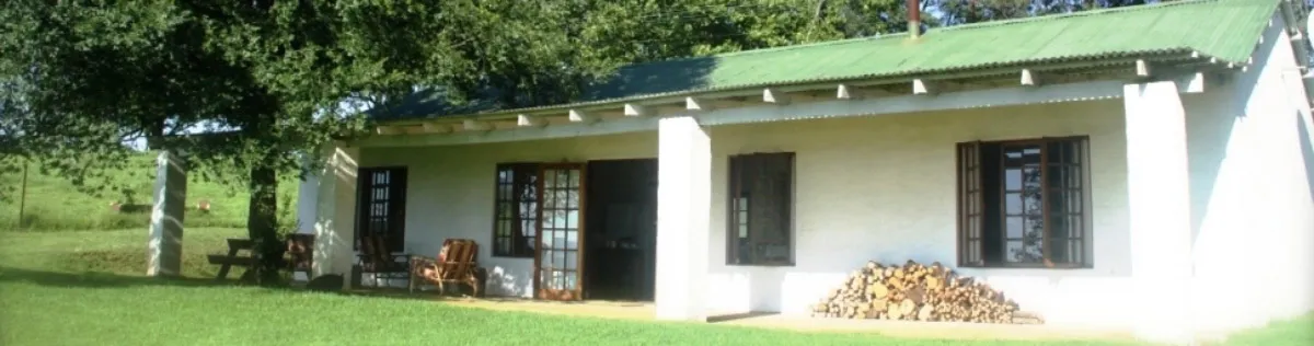 White house with green roof wooden stack and outdoor seating on green lawn