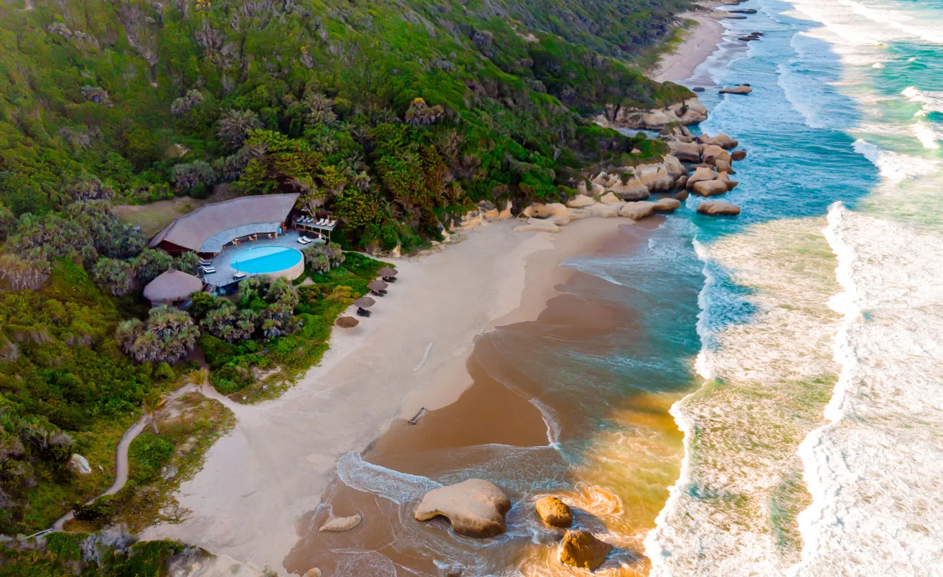 Aerial view of a beach with a pool and buildings surrounded by greenery