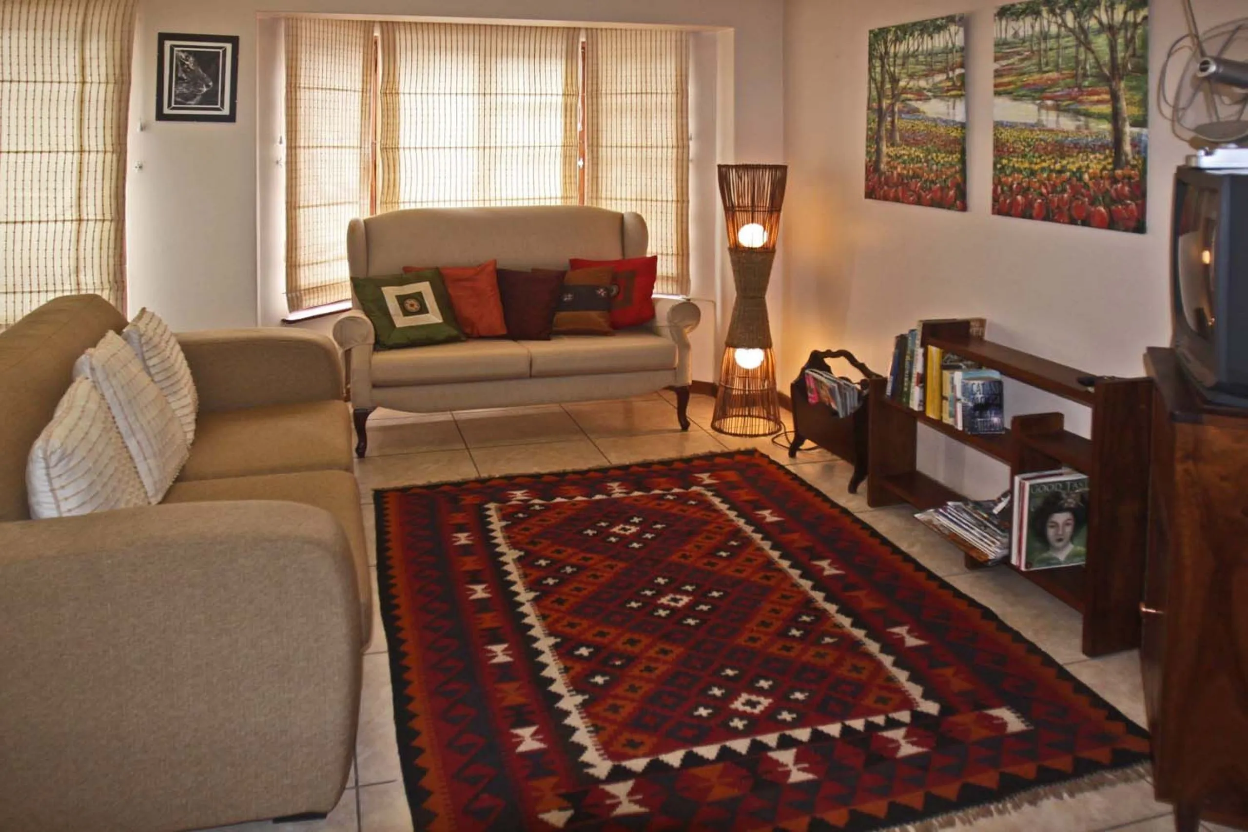 Living room with sofa armchair patterned rug and bookshelves