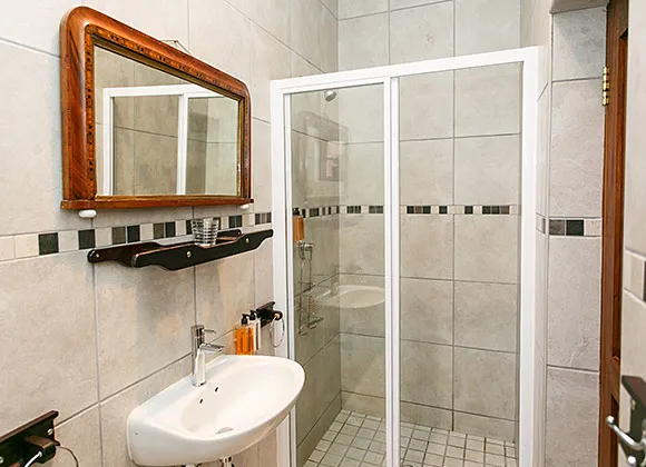 Modern bathroom with white sink mirror and glass shower enclosure
