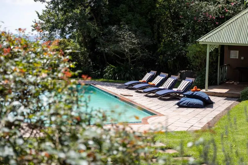 Swimming pool with lounge chairs and cushions in a lush garden setting