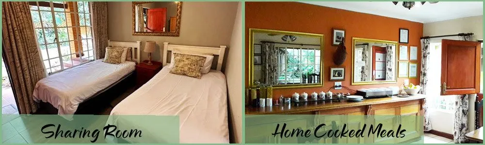 Two single beds in a room and a kitchen with jars and a window