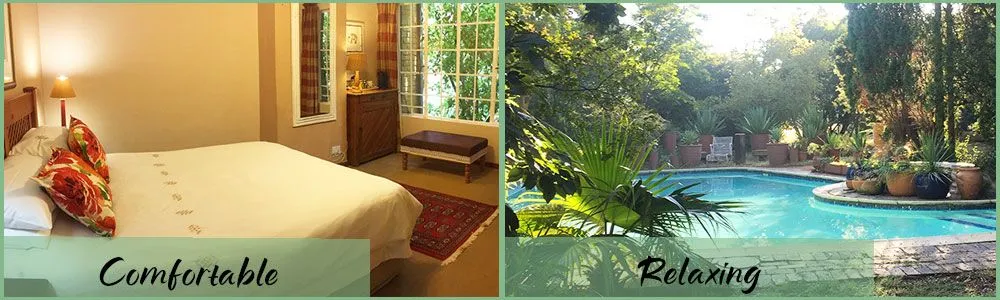 Bedroom with a bed and a pool with lush greenery in the background