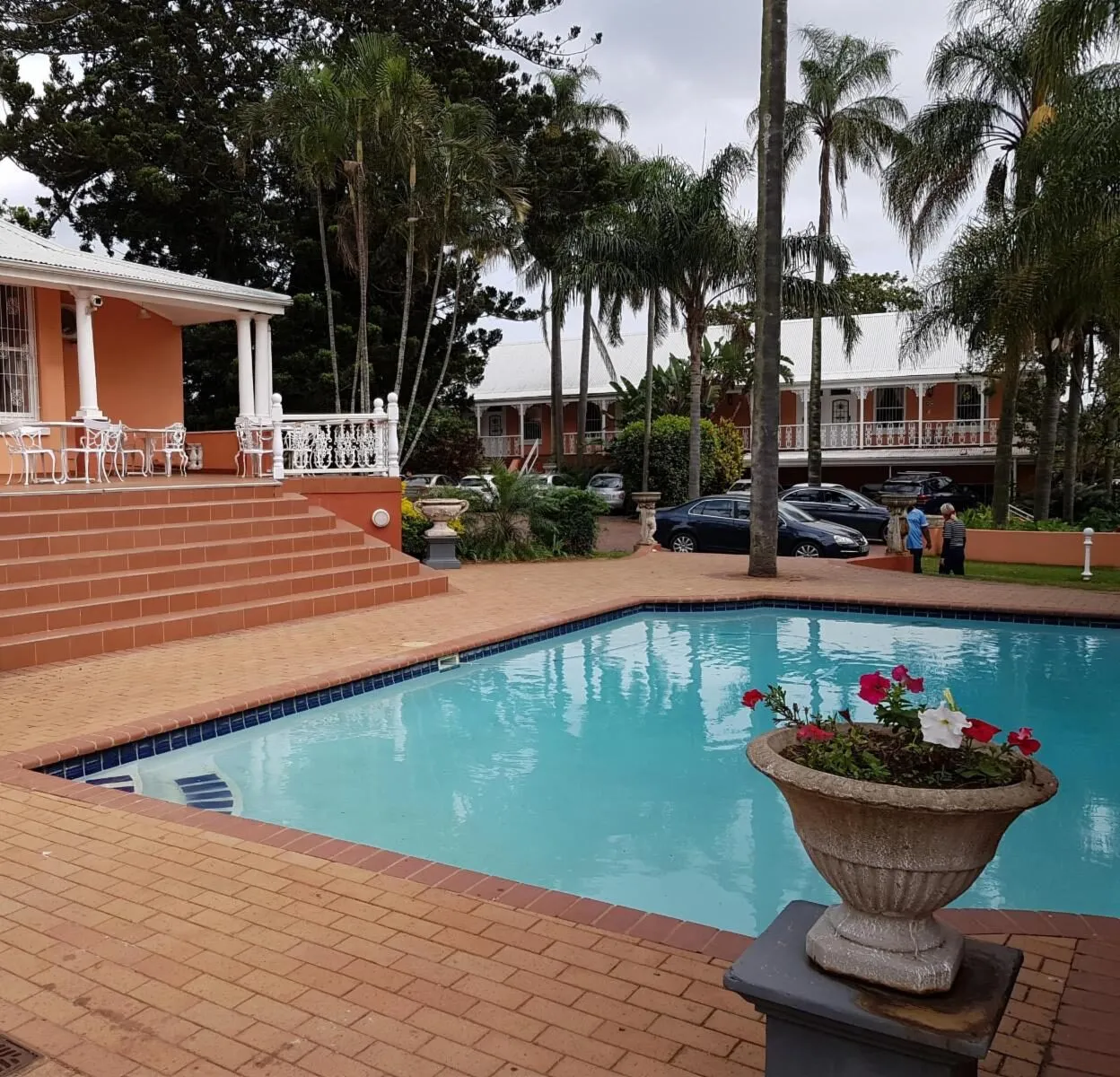 Swimming pool with potted flowers surrounded by palm trees and a building
