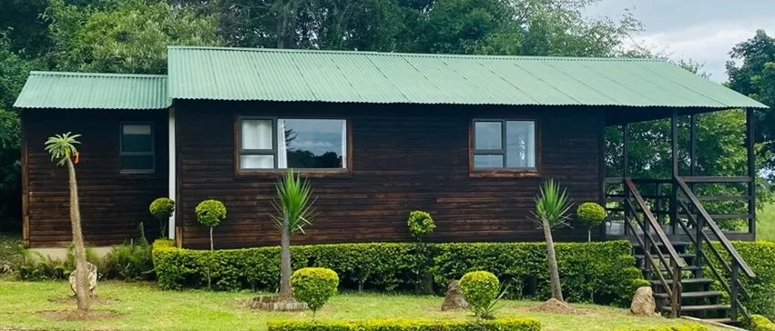 Wooden cabin with green roof surrounded by trimmed bushes and trees