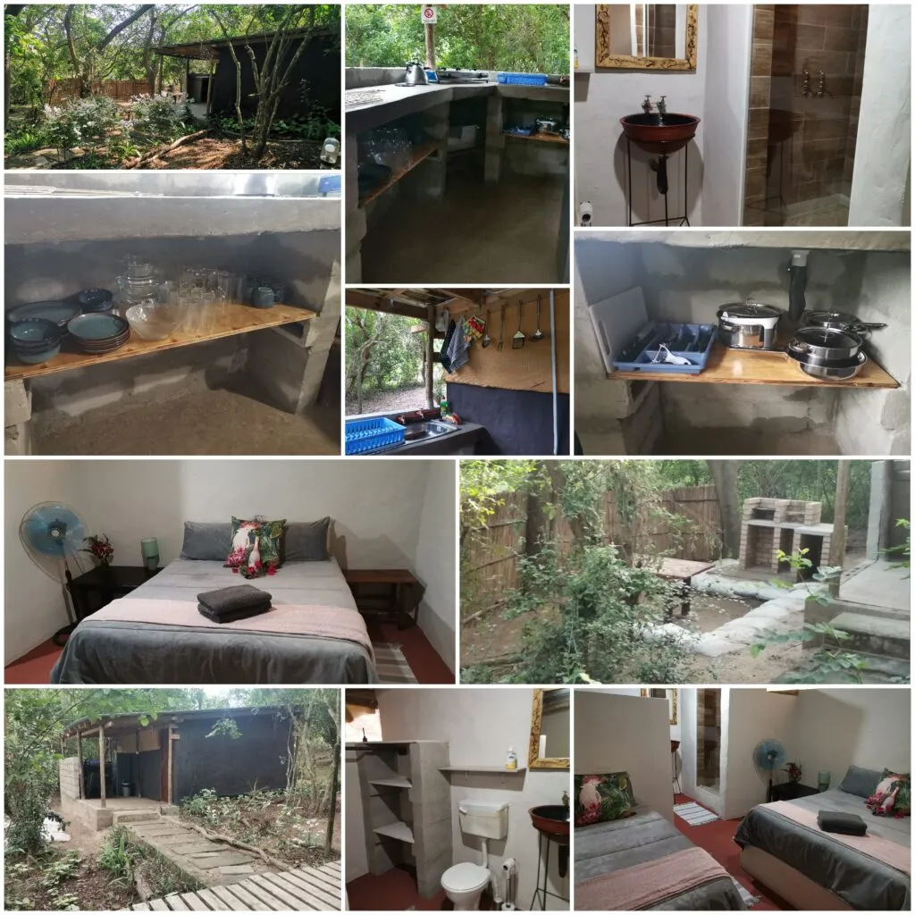 Various rustic indoor and outdoor living spaces with wooden and natural elements