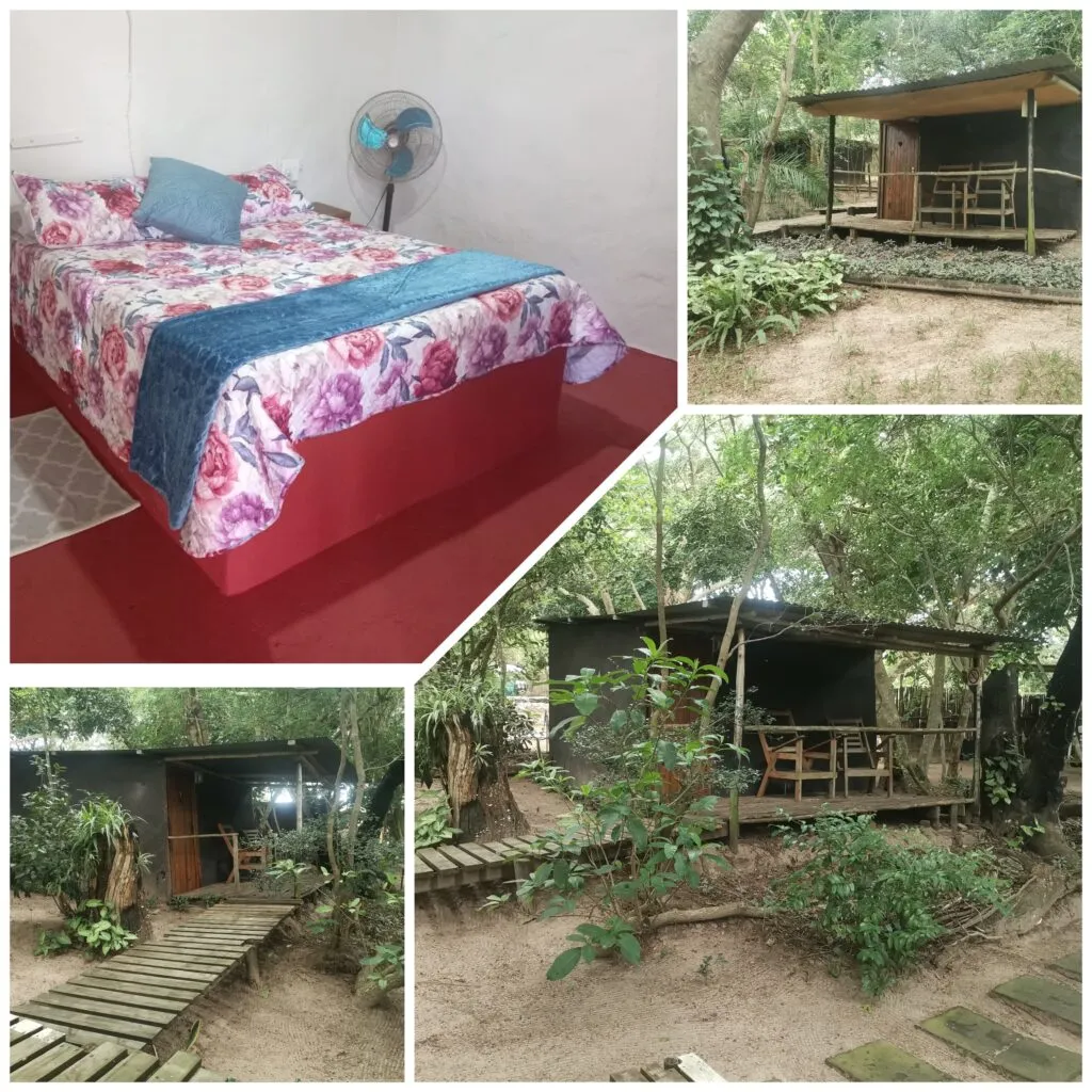Collage of a bedroom wooden cabin and outdoor structures with greenery