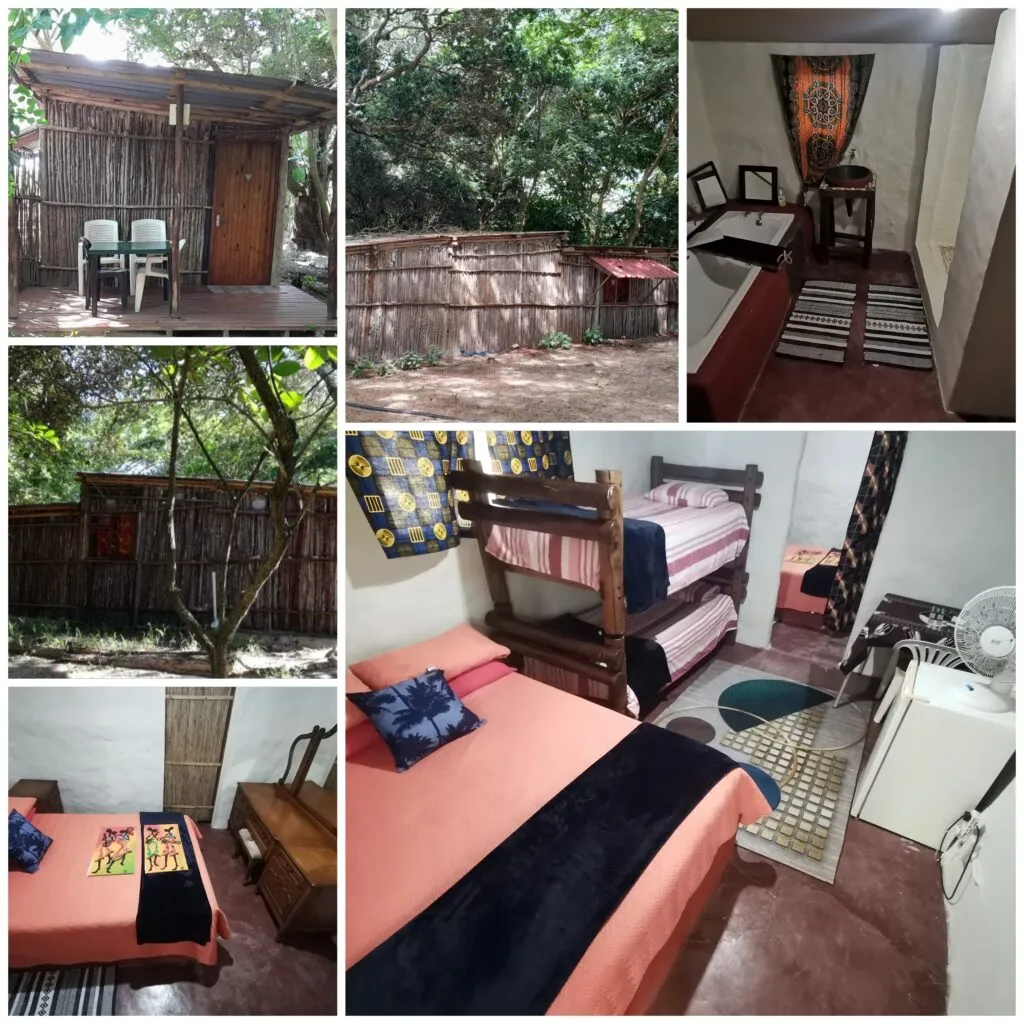 Collage of rustic wooden cabins and cozy bunk beds in a natural setting