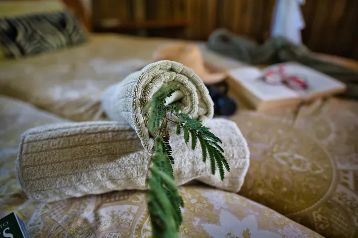 Rolled towels with green leaves on a bed in a cozy room