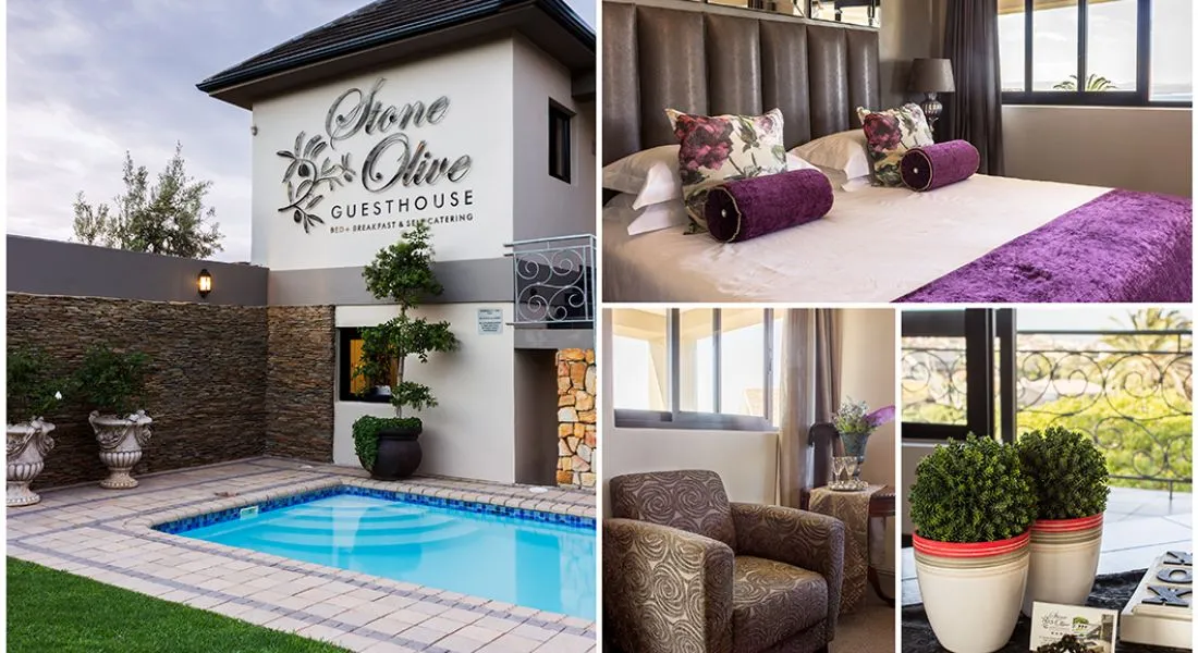 Exterior and interior of Stone Olive Guesthouse with pool bedroom and lounge