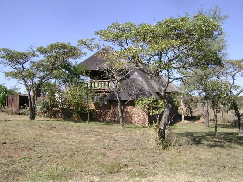 A thatchedroof house surrounded by trees in a grassy area