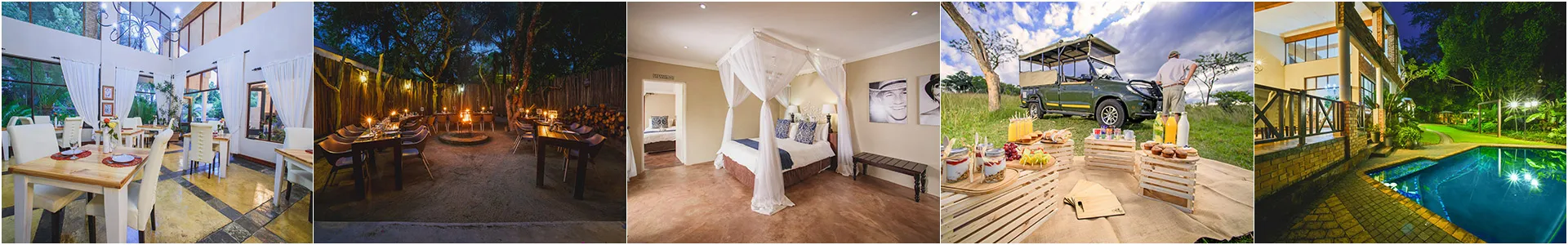 Collage of various indoor and outdoor settings including dining areas a bedroom and a pool