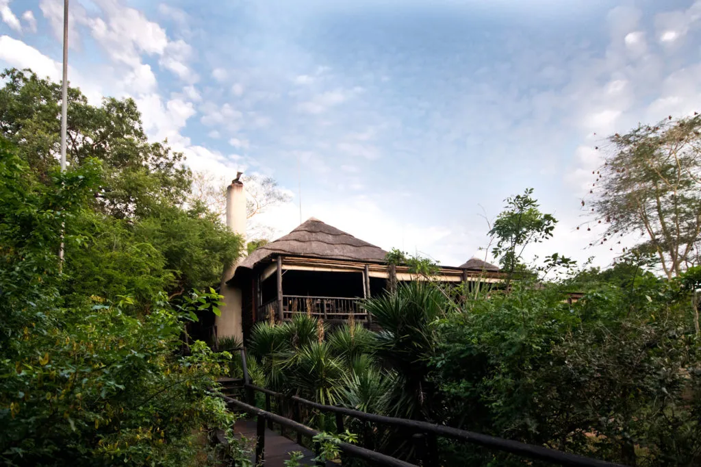 Wooden house with a thatched roof surrounded by lush greenery under a blue sky