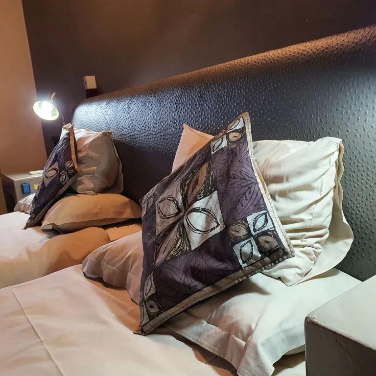 Two decorative pillows on a bed with a brown headboard and white linens