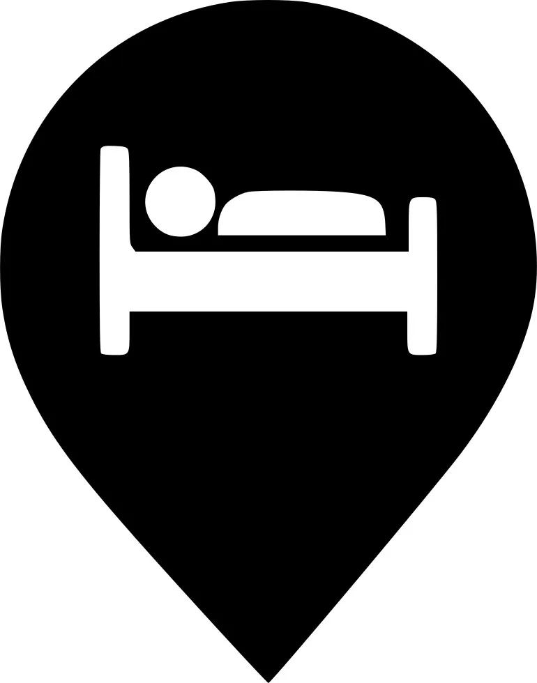 Black location pin with white bed icon indicating a place to sleep