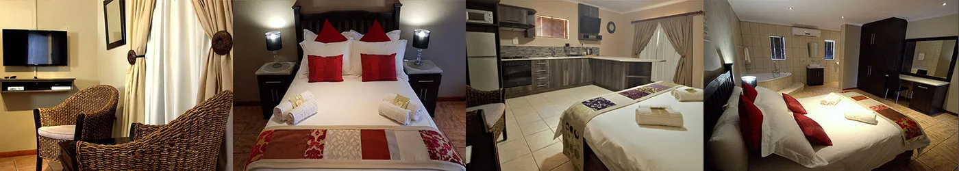 Four different hotel room interiors with beds seating and kitchenette areas