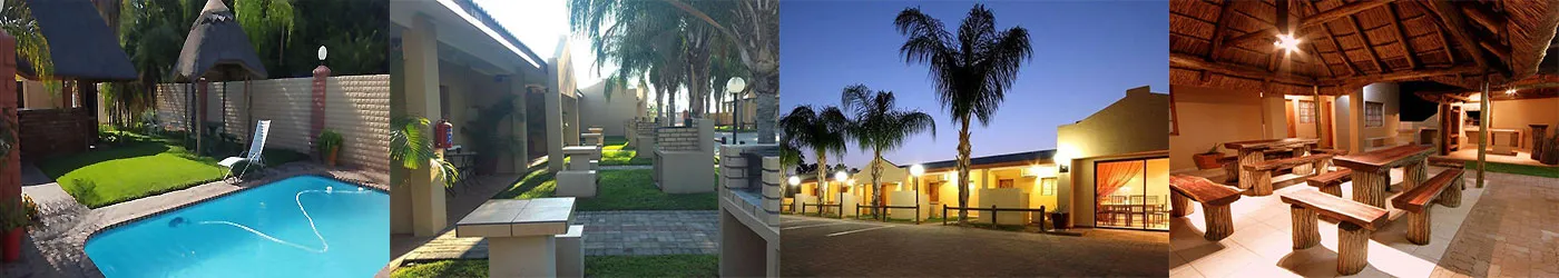 Four images showing different outdoor areas with pools palm trees and seating areas