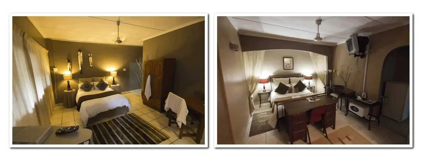 Two sidebyside photos of a dimly lit bedroom with different lighting angles