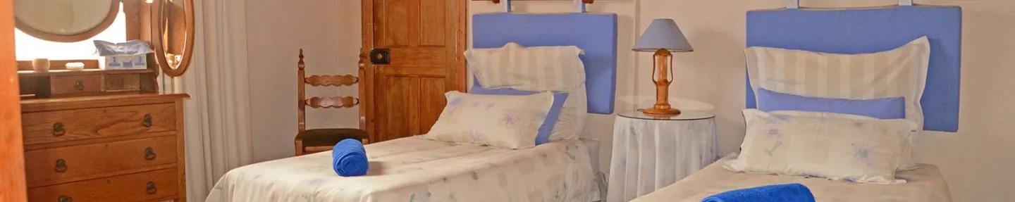 Two single beds in a tidy bedroom with wooden furniture and blue accents