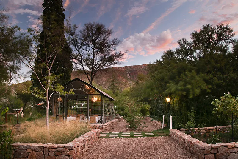 Garden with stone path glass house and trees at sunset
