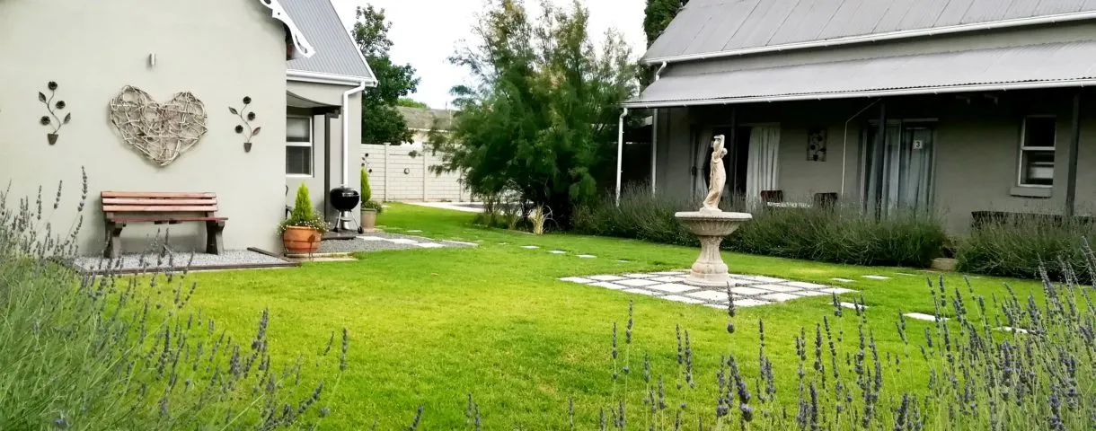 Cottage garden with fountain bench and lavender in front of two buildings