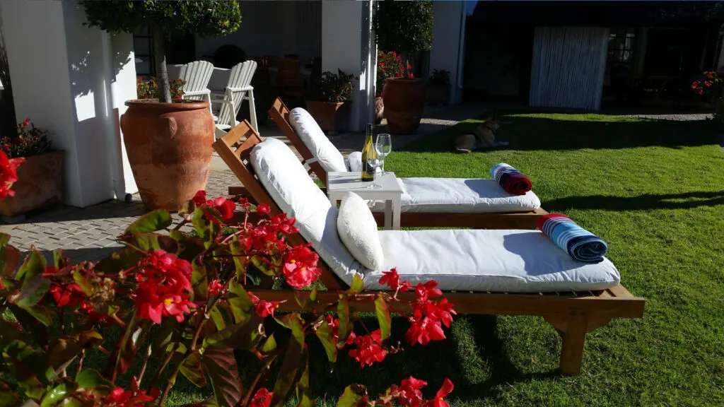 Two lounge chairs with towels on a grassy patio with potted plants and flowers