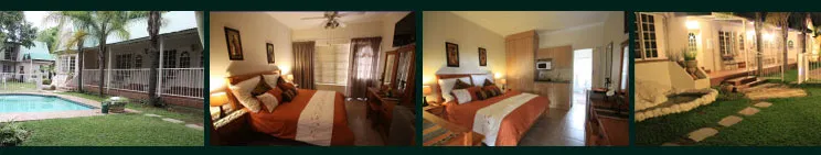 Exterior and interior views of a hotel with pool rooms and garden