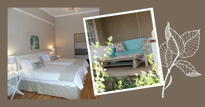 Bedroom with two beds and a patio with a blue sofa and plants