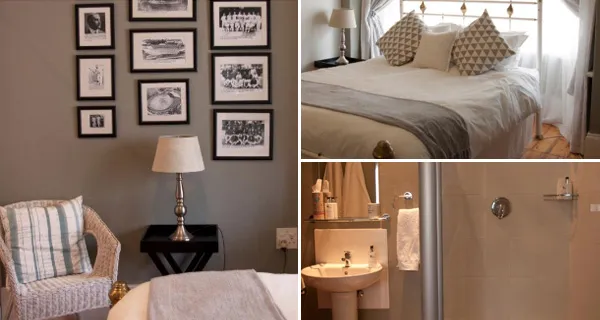 Collage of a bedroom and bathroom with framed photos and modern decor