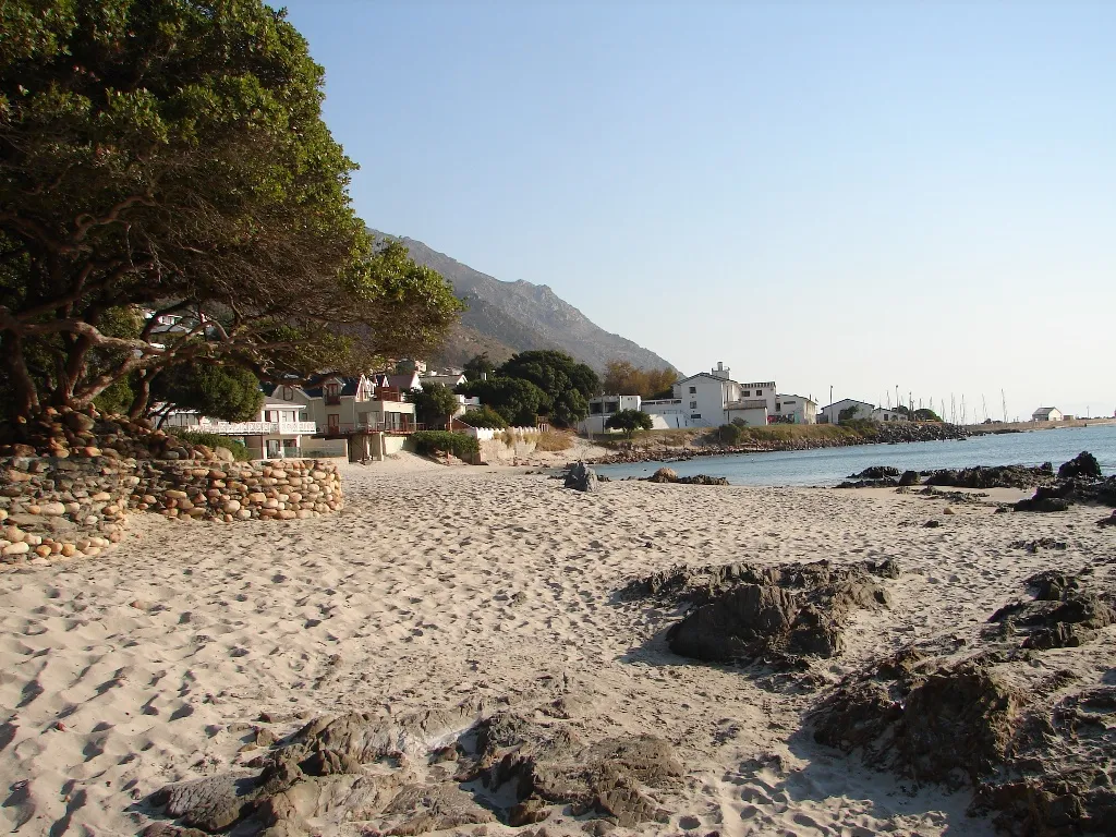 Sandy beach with rocks trees and houses in the background near water