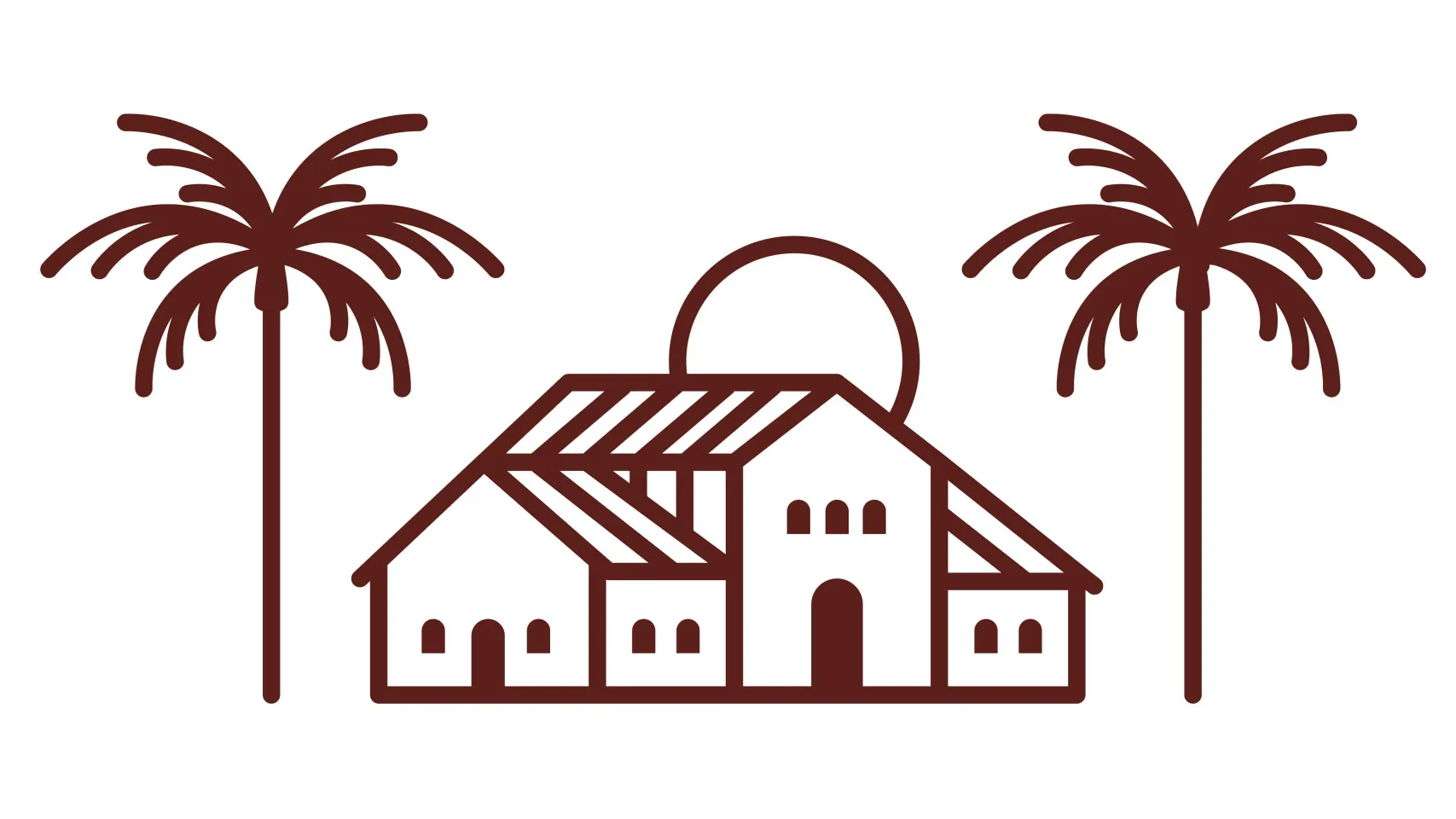 Two palm trees and a building with a sun in the background