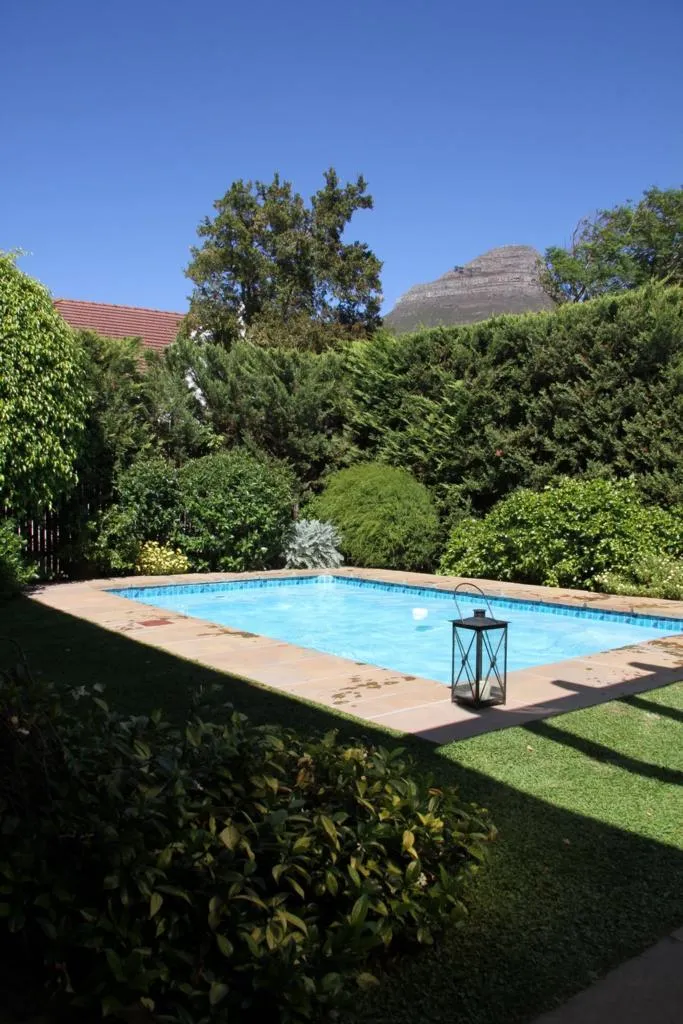 Swimming pool in a garden with greenery and a mountain in the background