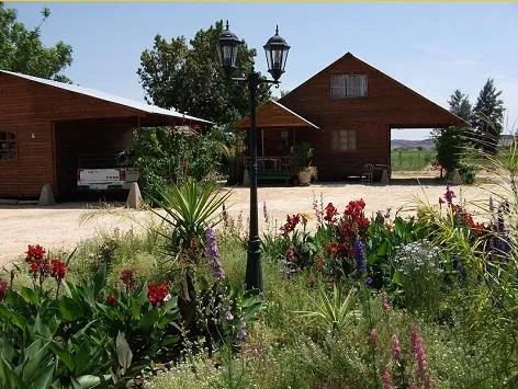 Wooden buildings with a garden of colorful flowers and a lamppost in the foreground