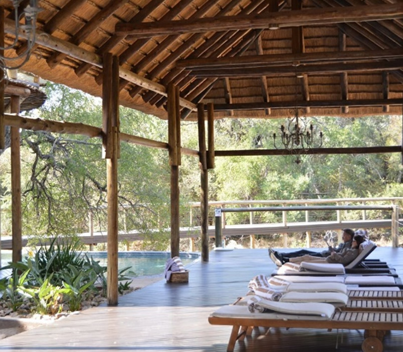 Two people relaxing on lounge chairs under a wooden shelter with forest view.
