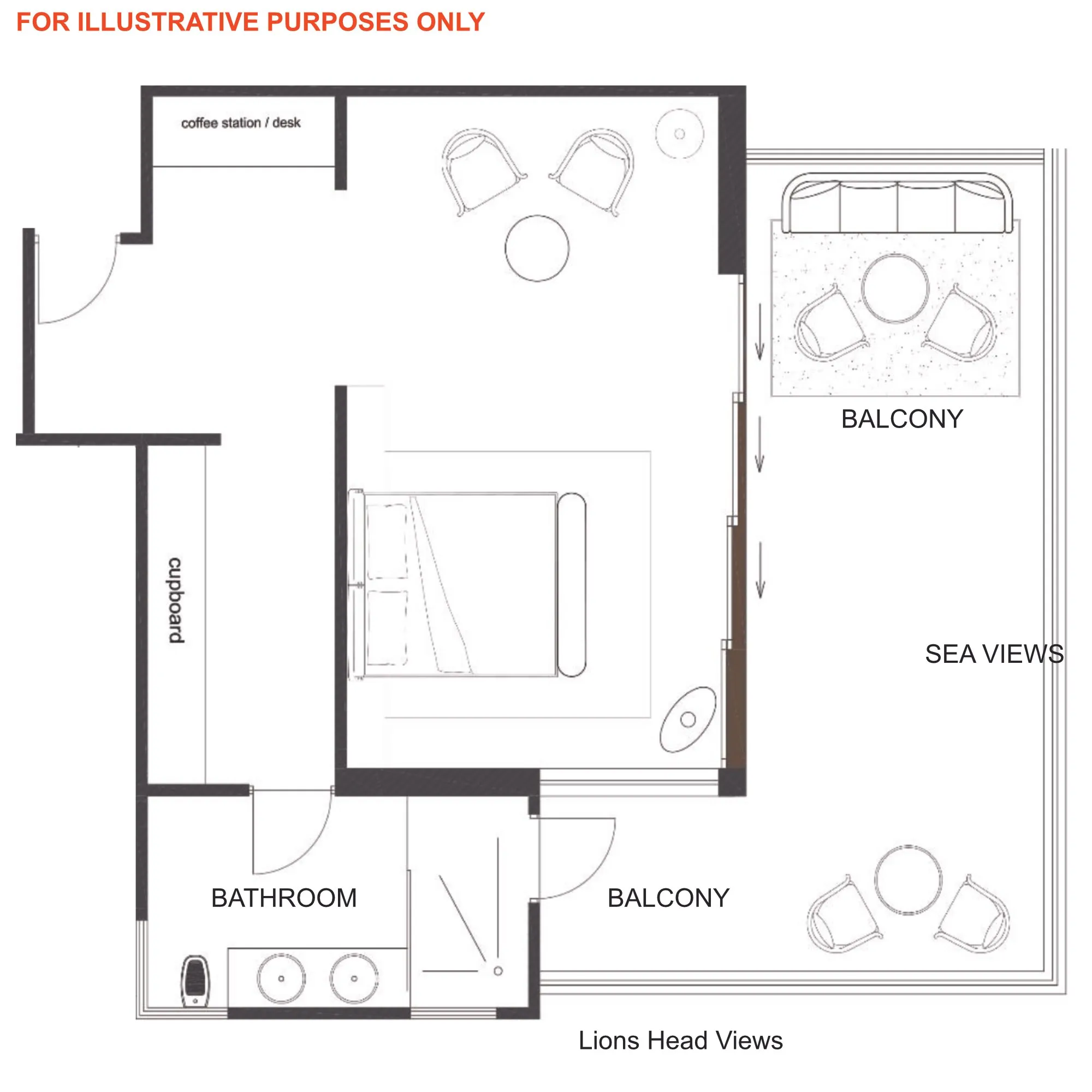 Hotel room floor plan with balcony sea views and Lions Head views