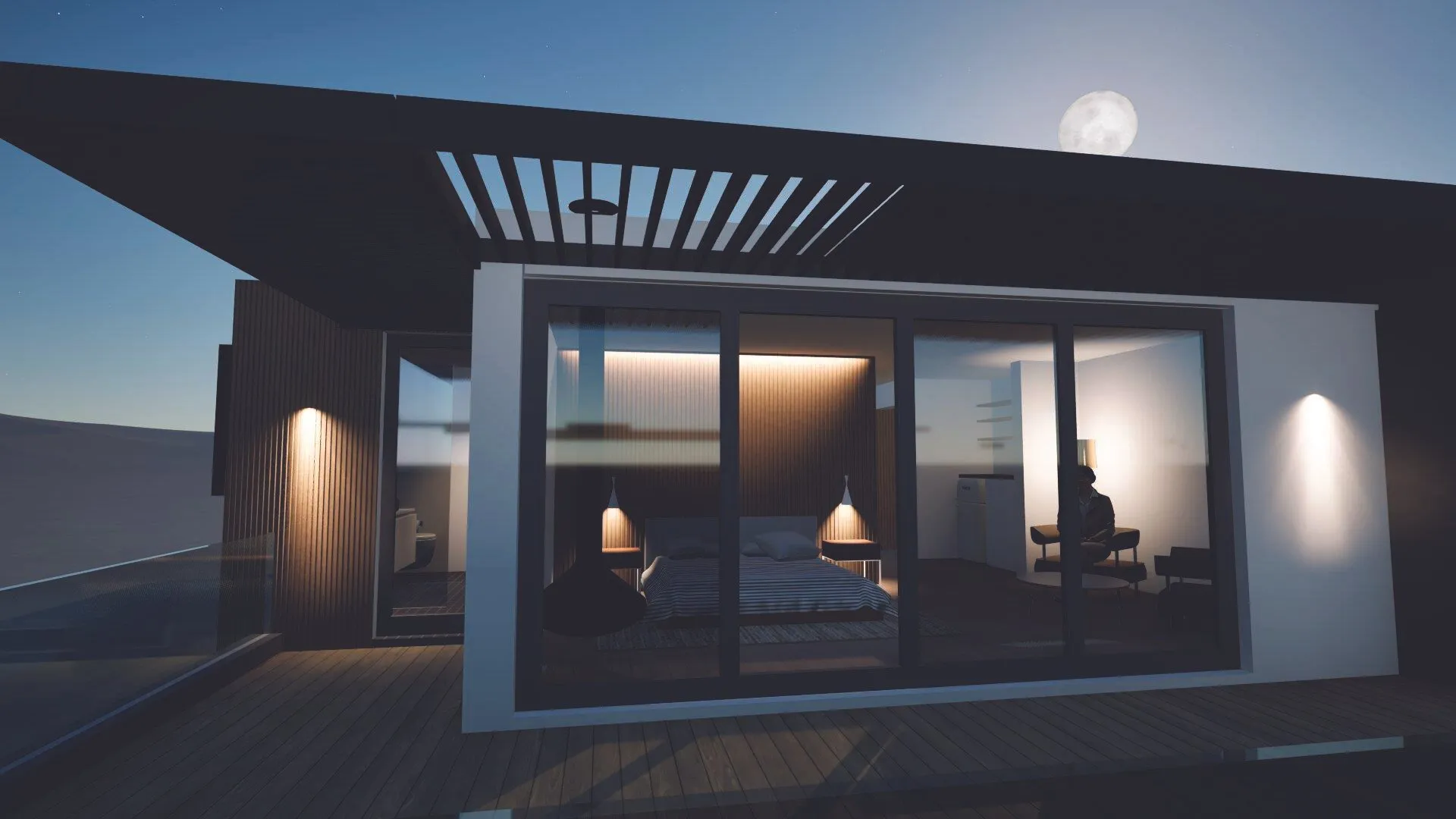 Modern house at night with large windows interior lights on and a full moon