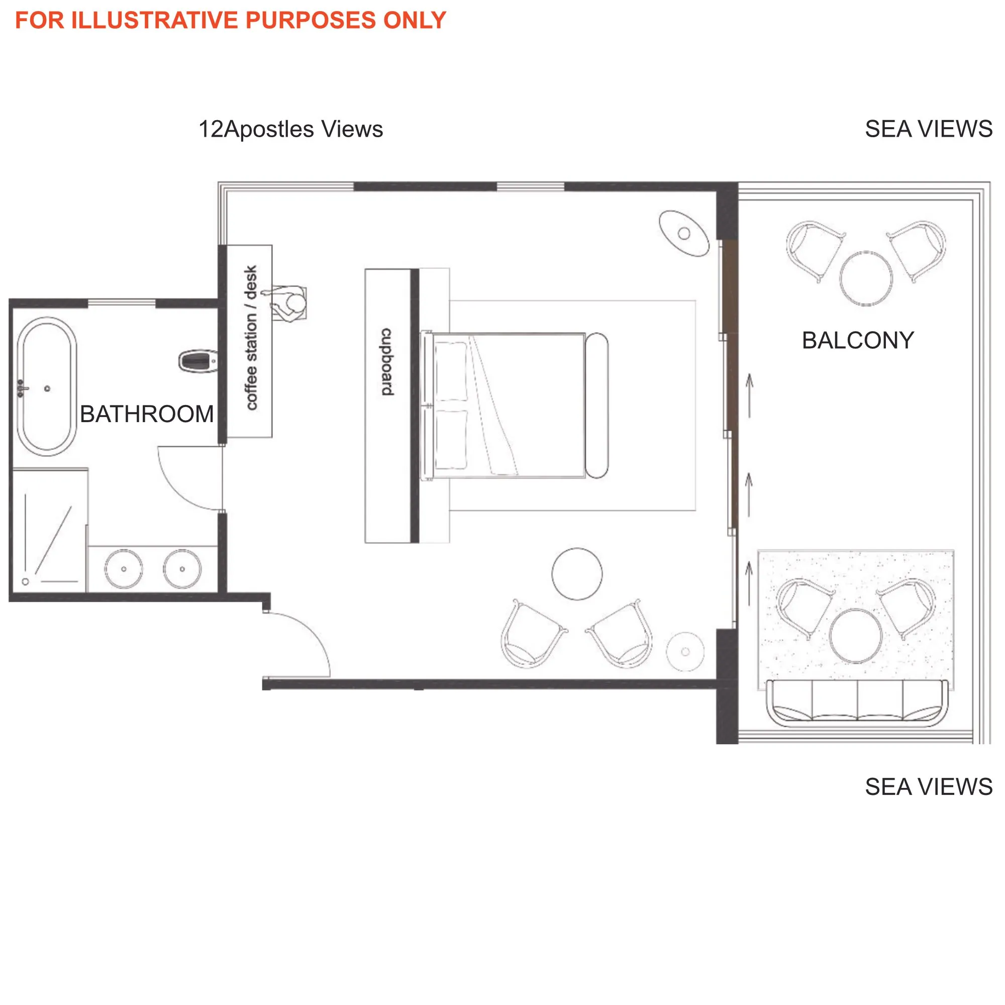 Floor plan of a hotel room with a balcony bathroom and sea views